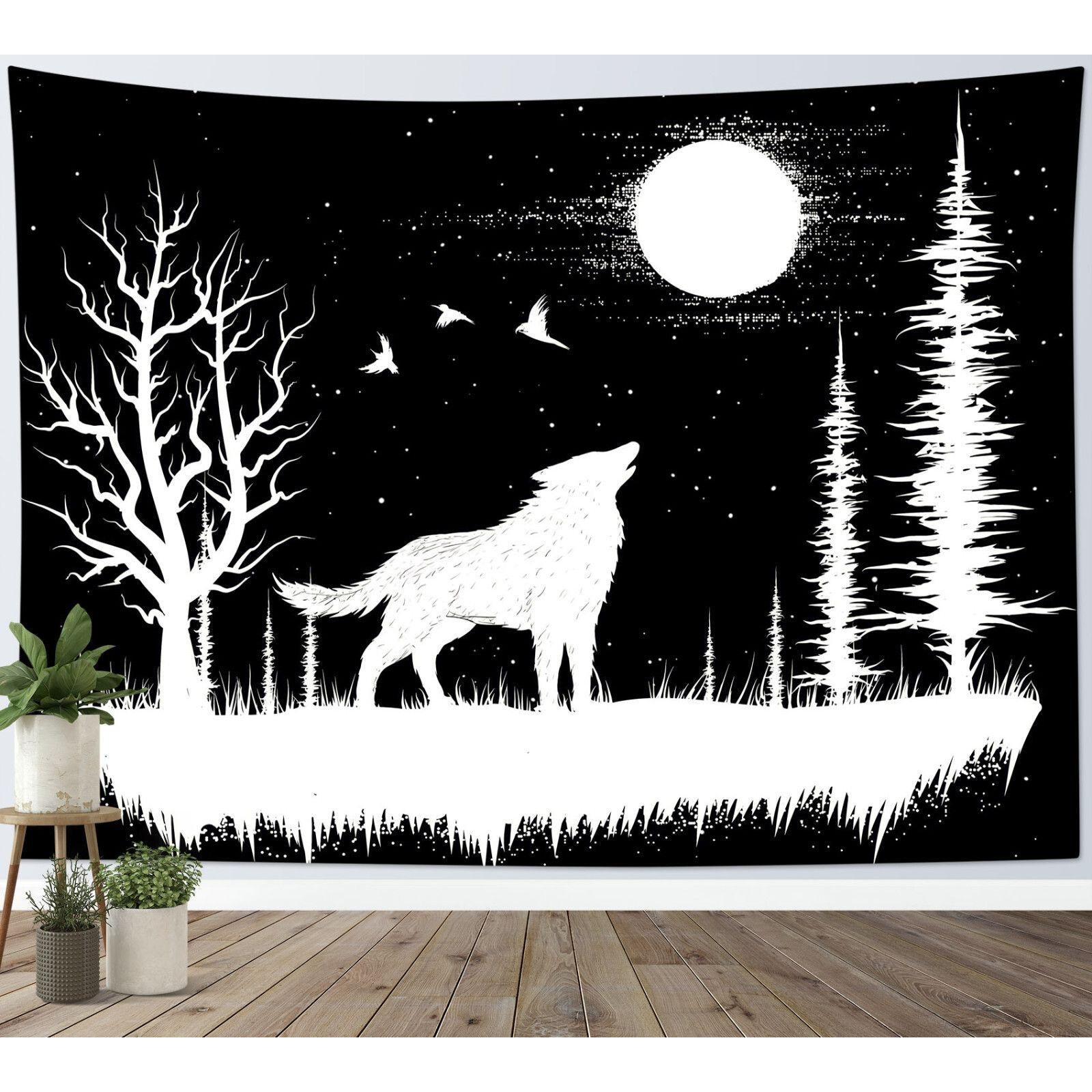 Tapestry black white moon night forest 75x100