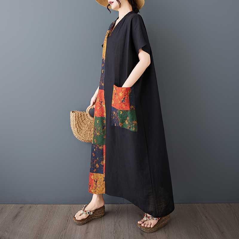 Women's Cotton and Linen Retro Slimming Short Sleeved Color Blocked Dress