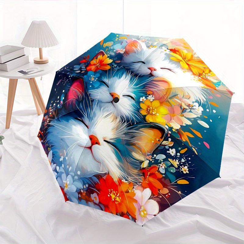 1pc Two Cats Surrounded by Colorful Flowers Automatic Opening and Closing Cartoon Umbrella - Small Umbrella Suitable for Various Occasions Y094