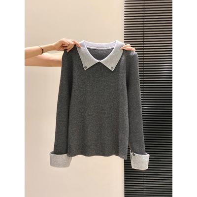 Olo Lapel Contrasting Sweater Women's Gentle Knitted Sweater Autumn and Winter Fashionable Retro Long-sleeved Inner Top