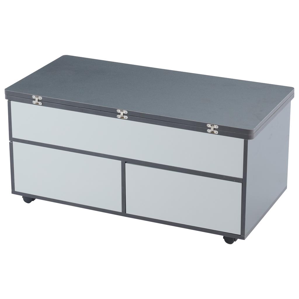 Mesa de centro regulable en altura de 100*98*65 cm con almacenamiento oculto, ruedas y cajones, mesa de comedor multifuncional, empalme gris-blanco