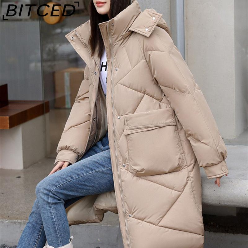 BITCED Thickened Puffer Jacket Down-Filled Cotton Coat Women's Loose-Fit Winter Coat Mid-Length Knee-Length Cotton Jacket