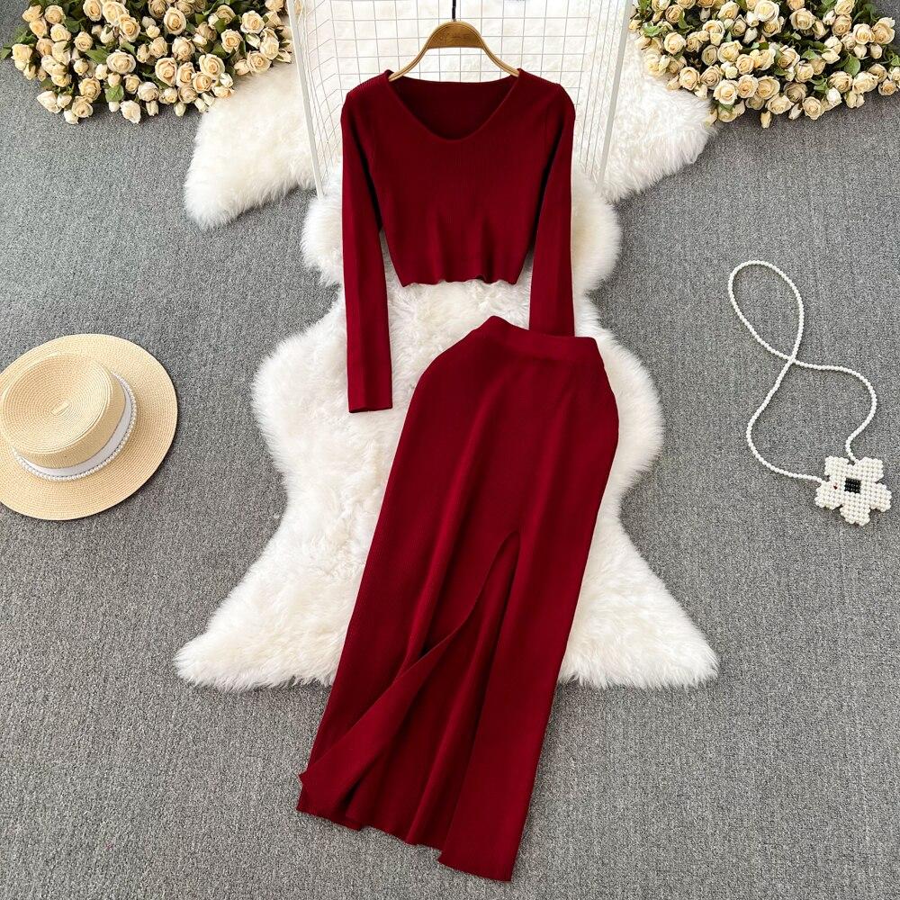 Retro Módní Oblek Spice Spice Styl Kulatý Výstřih Krátký Top + Sukně z Úpletu s Vysokým Pasem a Rozparkem Dvoudílný Set