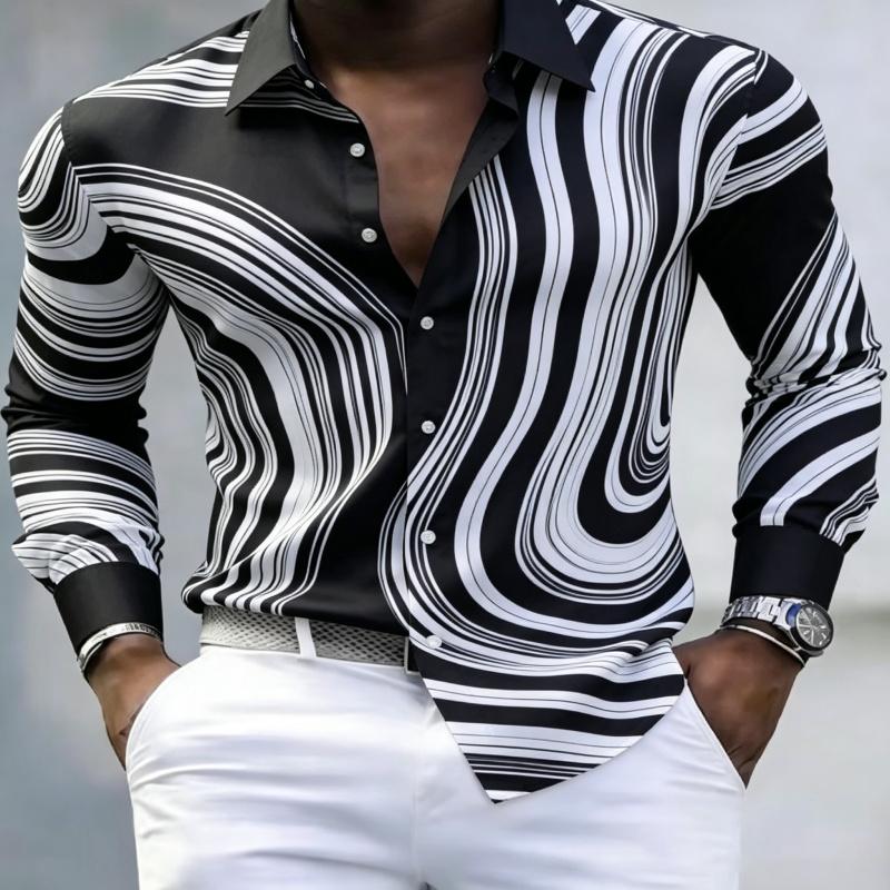 European American Trendy Men Abstract Swirl Stripe Printed Long Sleeve Shirts Spring Autumn Soft Stretch Silky Fabric Lapel Butt