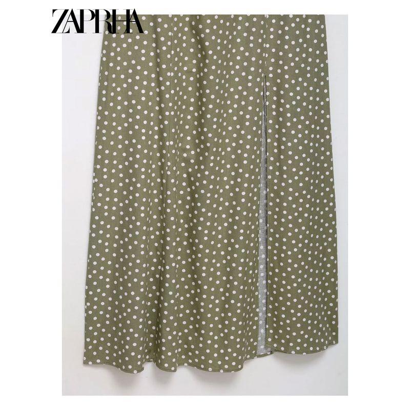Zaprha 2025 New Arrival Elegance Linen Polka Dot round Neck Camisole Midi Skirt Dress Waist Slim Looking 8008677