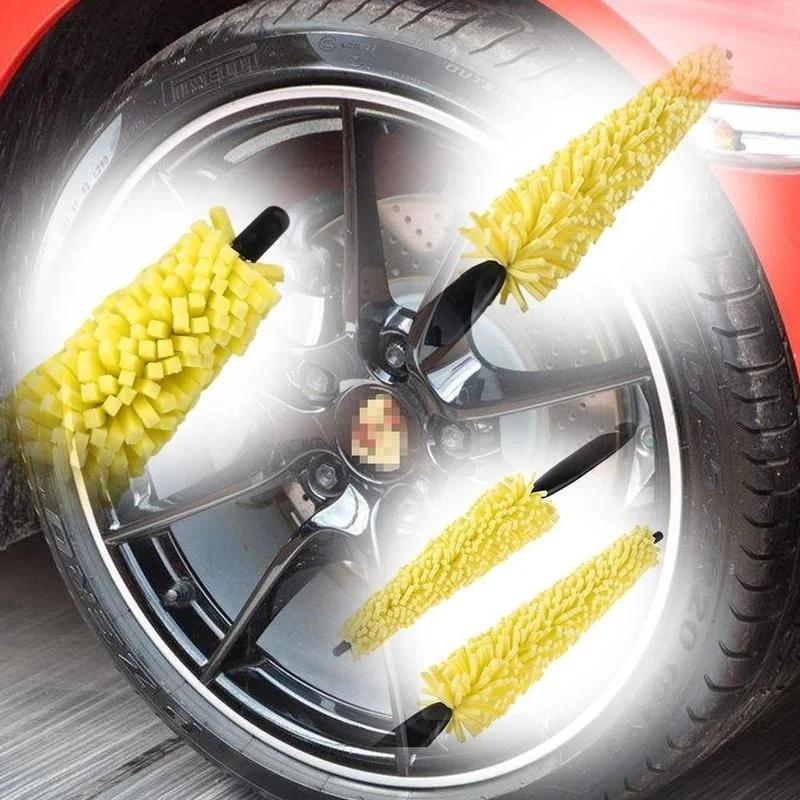 1X Auto Car Tool Tire Rim Cleaner Black Plastic Handle Yellow Sponge Car Wheel Brush Cleaning Scrub Tool High Quality