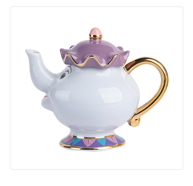 European Beauty and the Beast Ceramic Tea Set: Mrs. Potts Teapot and Chip Mug, Large Capacity.