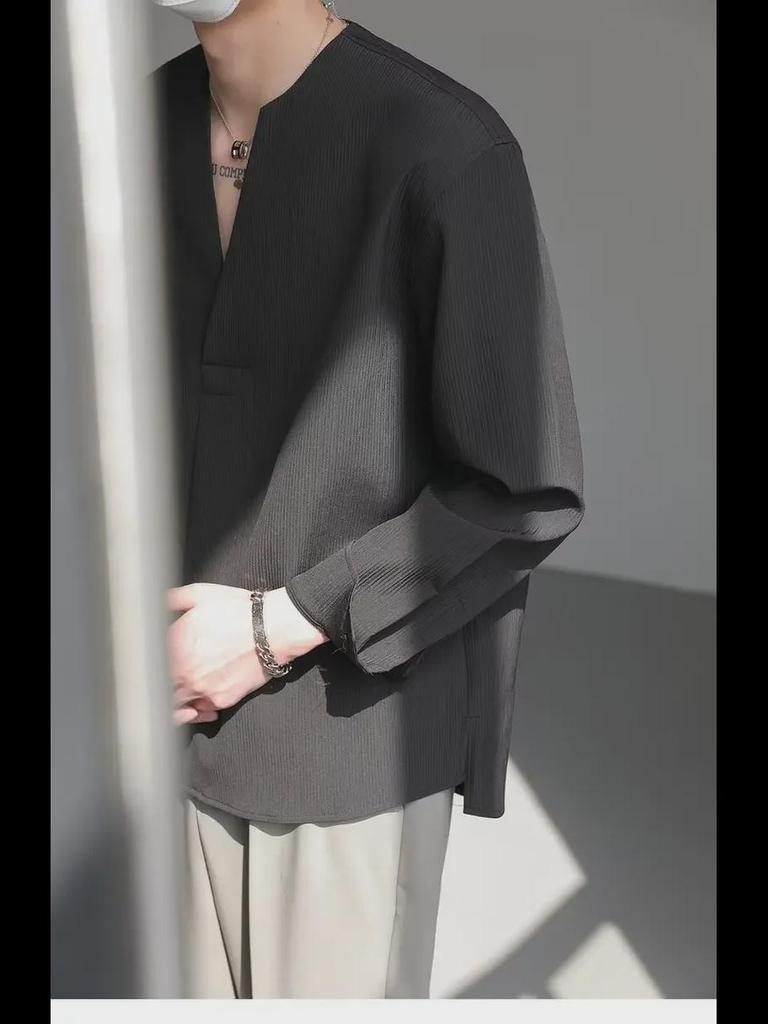 Korean-Style Men's Solid Color V-Neck Long-Sleeve Casual Pullover Shirt