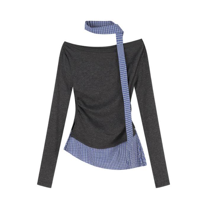 

MR [Tmall Quality] Design Plaid Splicing Slim Long Sleeve T-Shirt Women s Niche Fake Two Off-Shoulder Top S темно-серого
