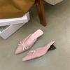 2025 spring new temperament half tray single shoes French bow gray high heels bag head half slippers women's shoes