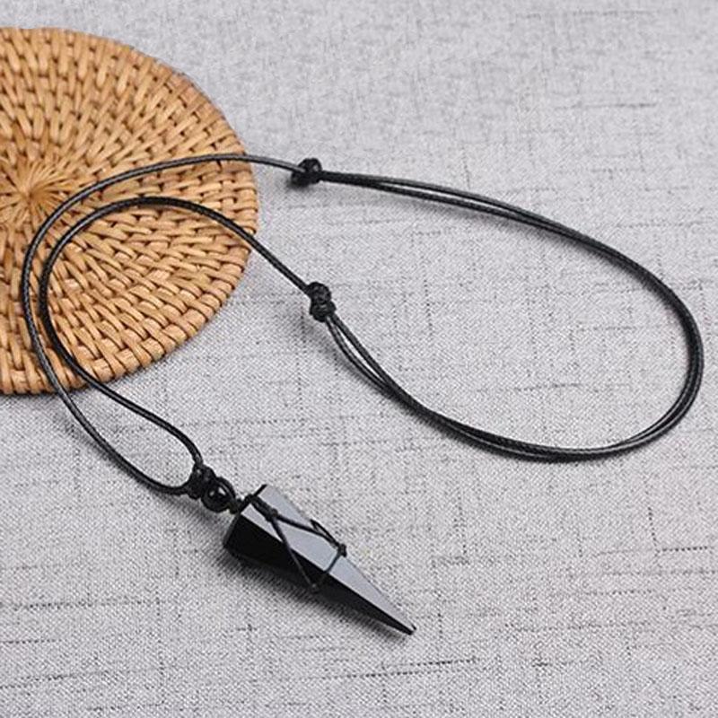 Natural Obsidian Stone Crystal Point Pendant Black Stone Charm Necklace Amulet