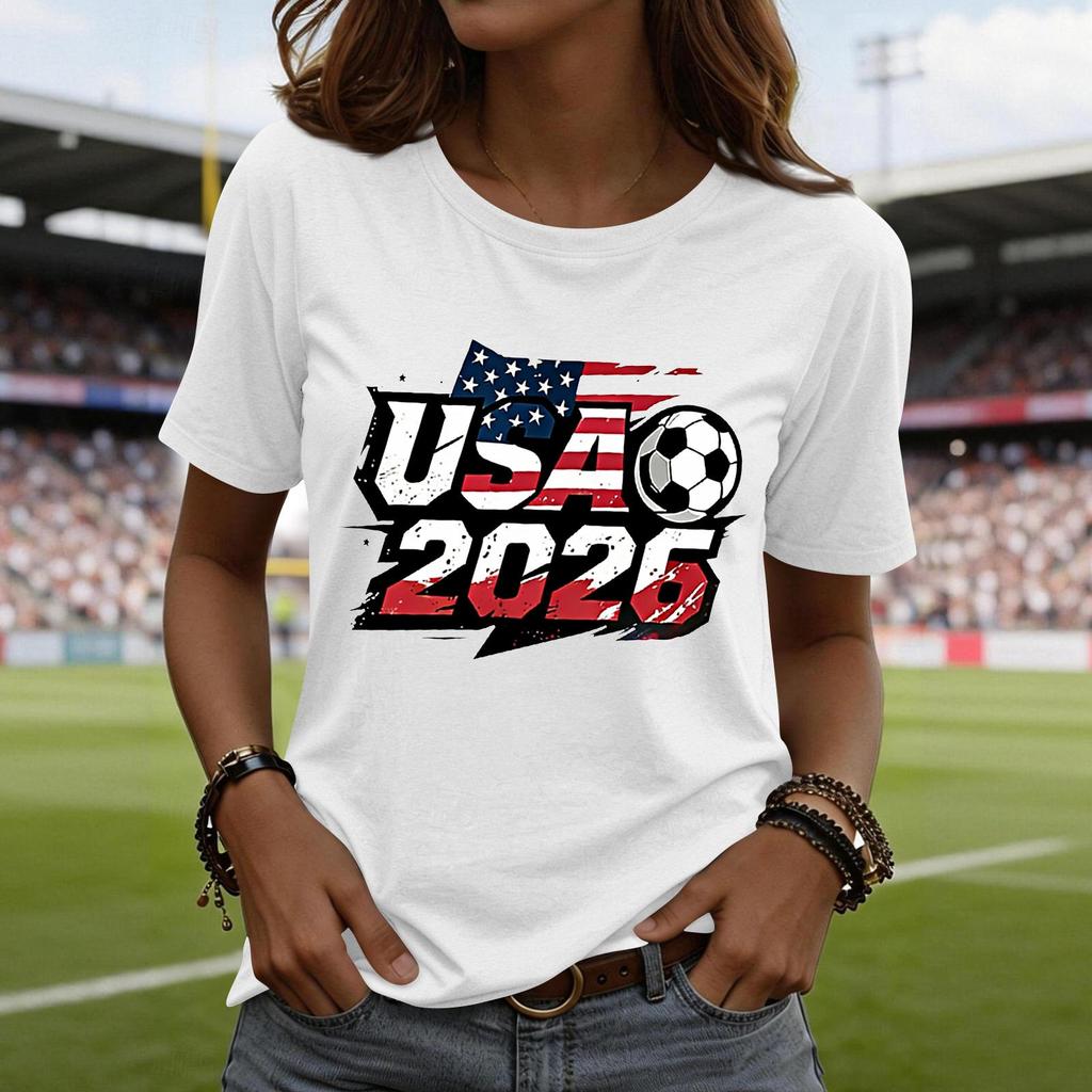 Women’s Short Sleeve Crewneck T Shirt with USA 2026 Graphic Print Soccer Ball Casual Loose Fit Top Tee