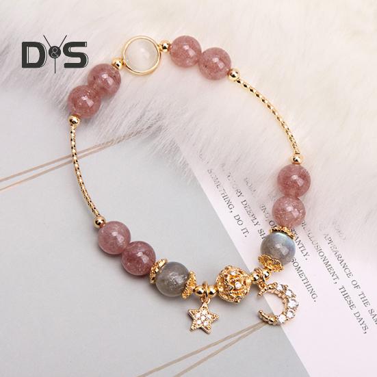 Women Bracelet Smooth Bead Polished Star Moon Pendant Rhinestone Adjustable Shopping Work Party Dating Wrist Chain Lady Jewelry