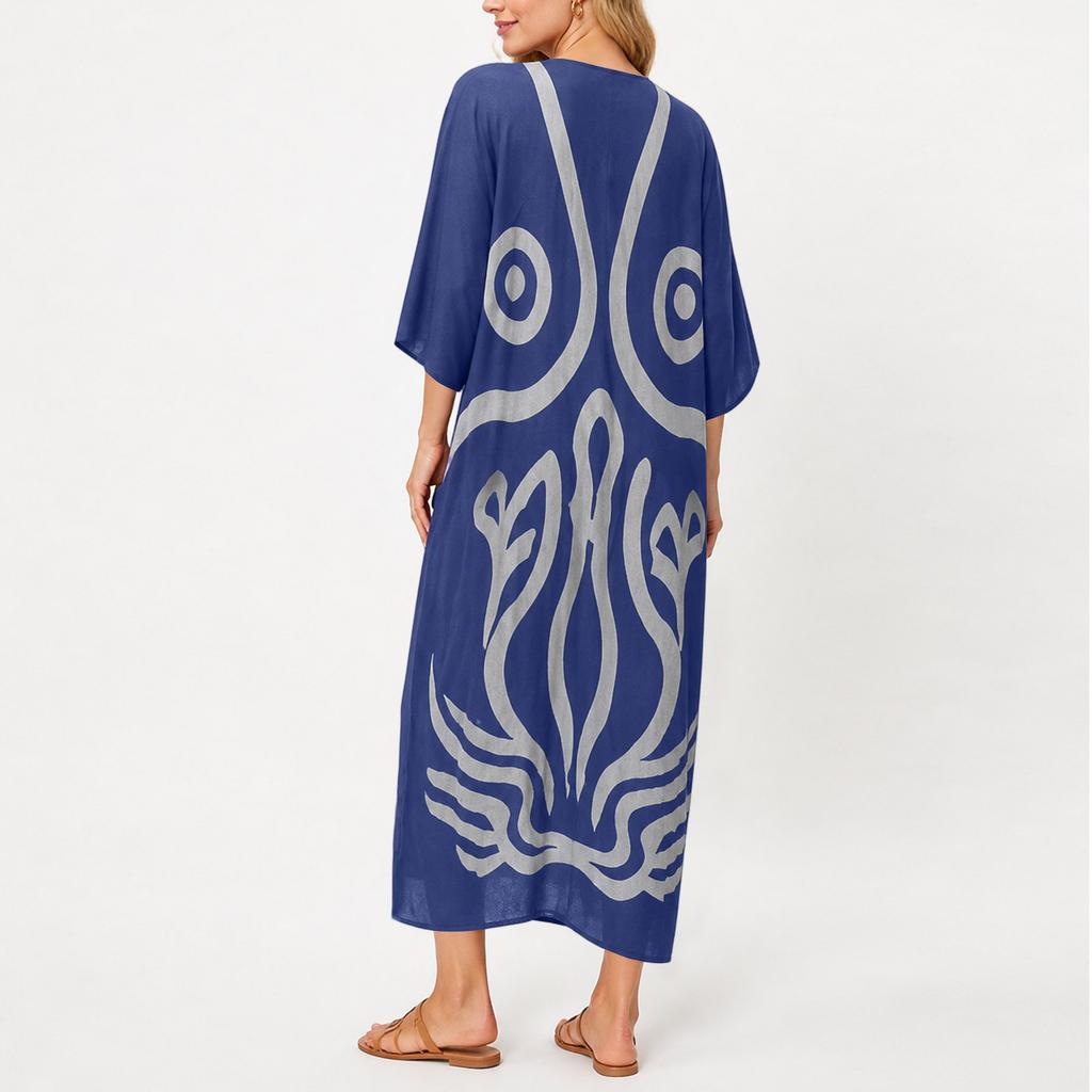 Women V Neck Bohemian Print Kaftan Dress Loose Fit Maxi Robe for Beach Holiday Home Relaxation Casual Wear