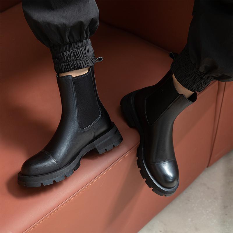 2024 Fall/Winter Shoes Women Leather Ankle Boots Women Round Toe Thick Heel Women Shoes Solid Chelsea Boots Casual Women Boots