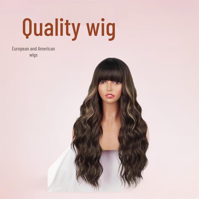 European & American Women's Long Curly Synthetic Wig with Bangs