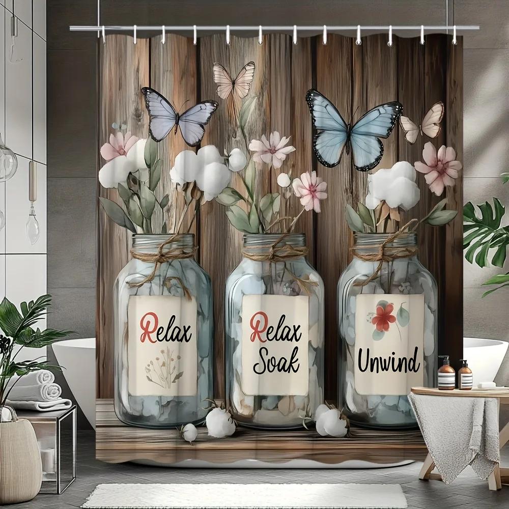 Vintage Floral Shower Curtain - Rustic Planks & Butterflies Farmhouse Design, Machine Washable,Polyester Fabric for Home & Hotel