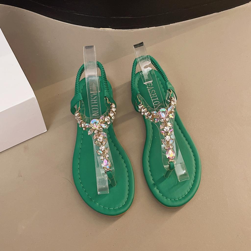 Large size women's shoes 41-43 fat feet rhinestone toe Roman sandals summer versatile flat bottom with skirt seaside beach shoes