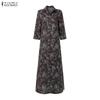 ZANZEA Women Vintage 3/4 Sleeve Lapel  Neck Elegant Buttons Kaftan Floral Maxi Shirts Dress