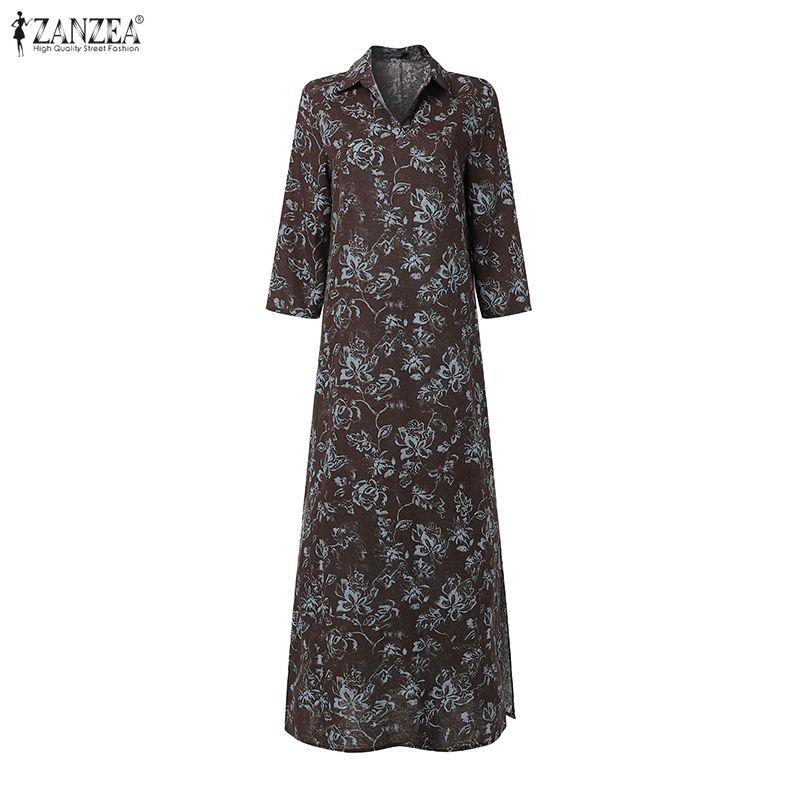 ZANZEA Women Vintage 3/4 Sleeve Lapel  Neck Elegant Buttons Kaftan Floral Maxi Shirts Dress