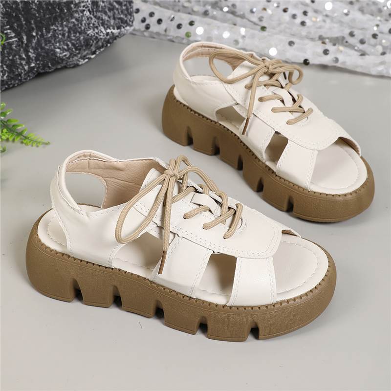 

Korean version lace-up muffin sole sandals women s summer 2025 new retro hollow breathable open-toed soft sole with skirt beach shoes 35