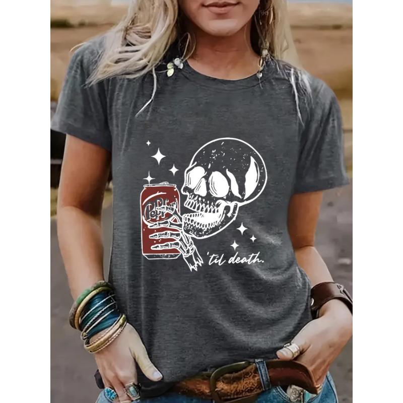 Dámská bavlněná trička s krátkým rukávem a kulatým výstřihem s ležérním módním potiskem lebky a Coly pro Halloween