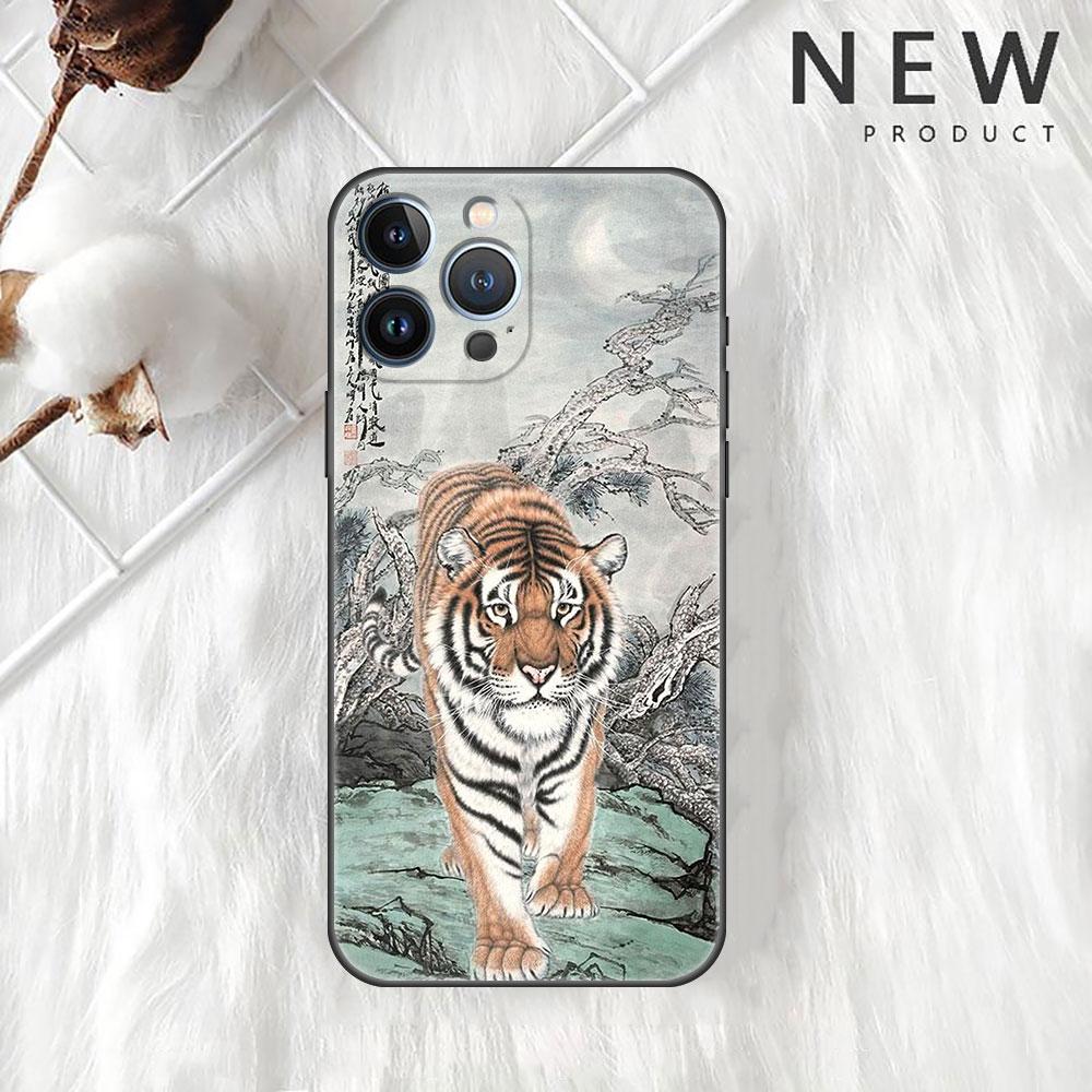 Funda Case For Apple iPhone 14 11 13 7 12 Pro 7 XR XS Max 8 Plus 6 14Pro 13Mini Black Soft Phone Coque Tiger Crane ART