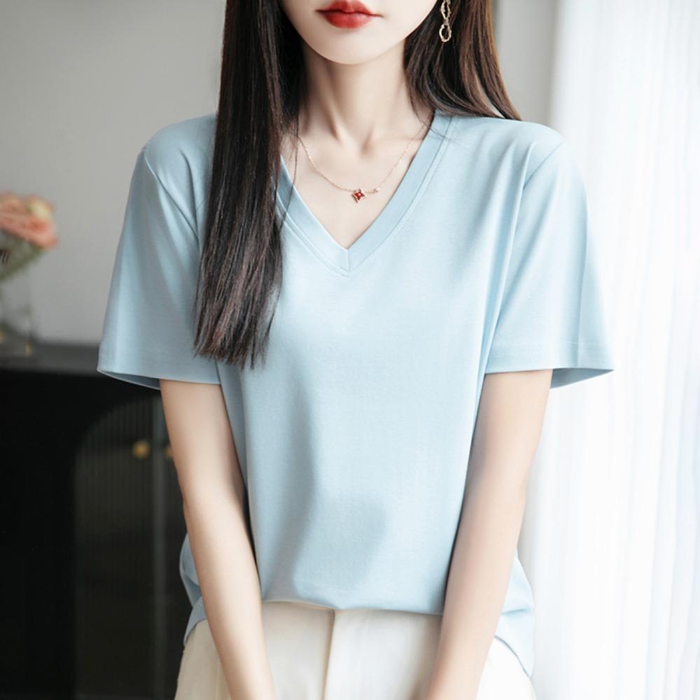2026 Summer New  V-neck Short-sleeved T-shirt Women's Solid Color Joker Pullover Shirt with Loose Sleeve Bottom Shirt