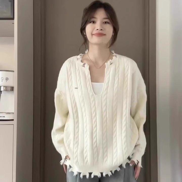 

Женские трикотажные свитера с U-образным вырезом и косами, корейский ленивый стиль, однотонный, женский вязаный свитер, осенний свободный пуловер, женский топ L белый