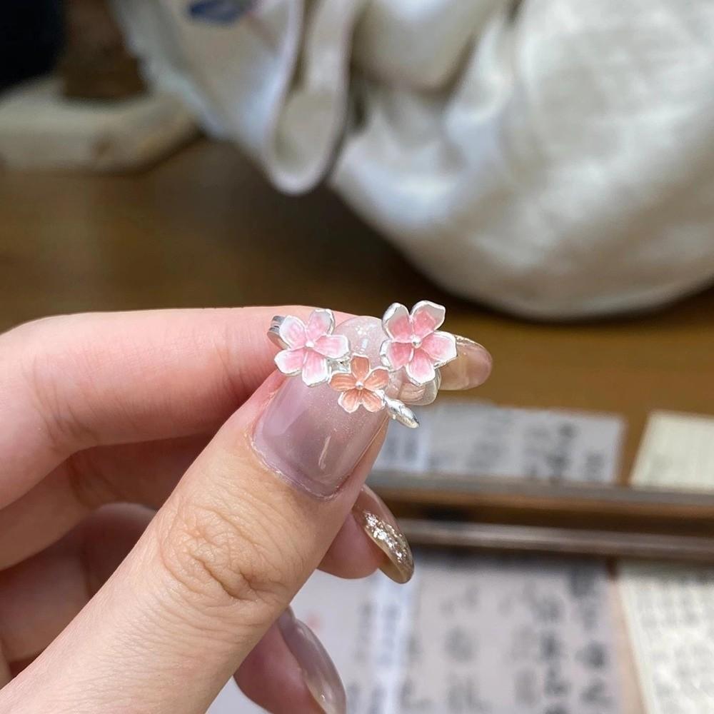 Dainty Open Adjustable Ring Drop Oil Design Flower Bracelet Fashion Cherry Blossom Ring Daily