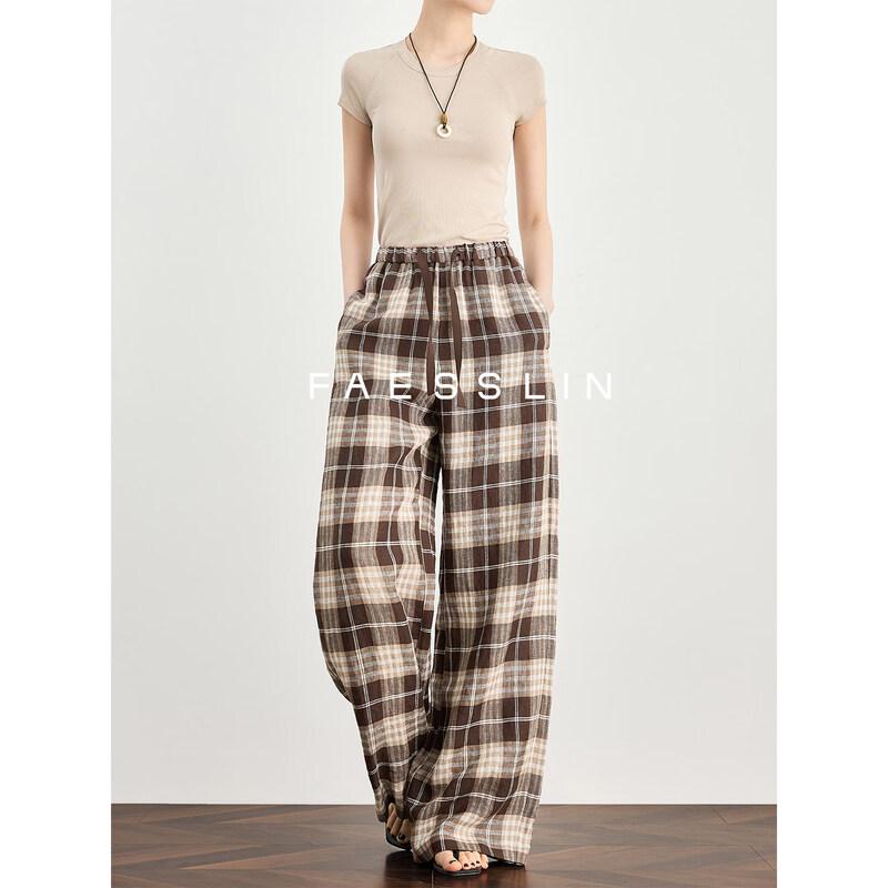 FAESSLIN Linen Plaid Vintage Wide-Leg Pants XL
