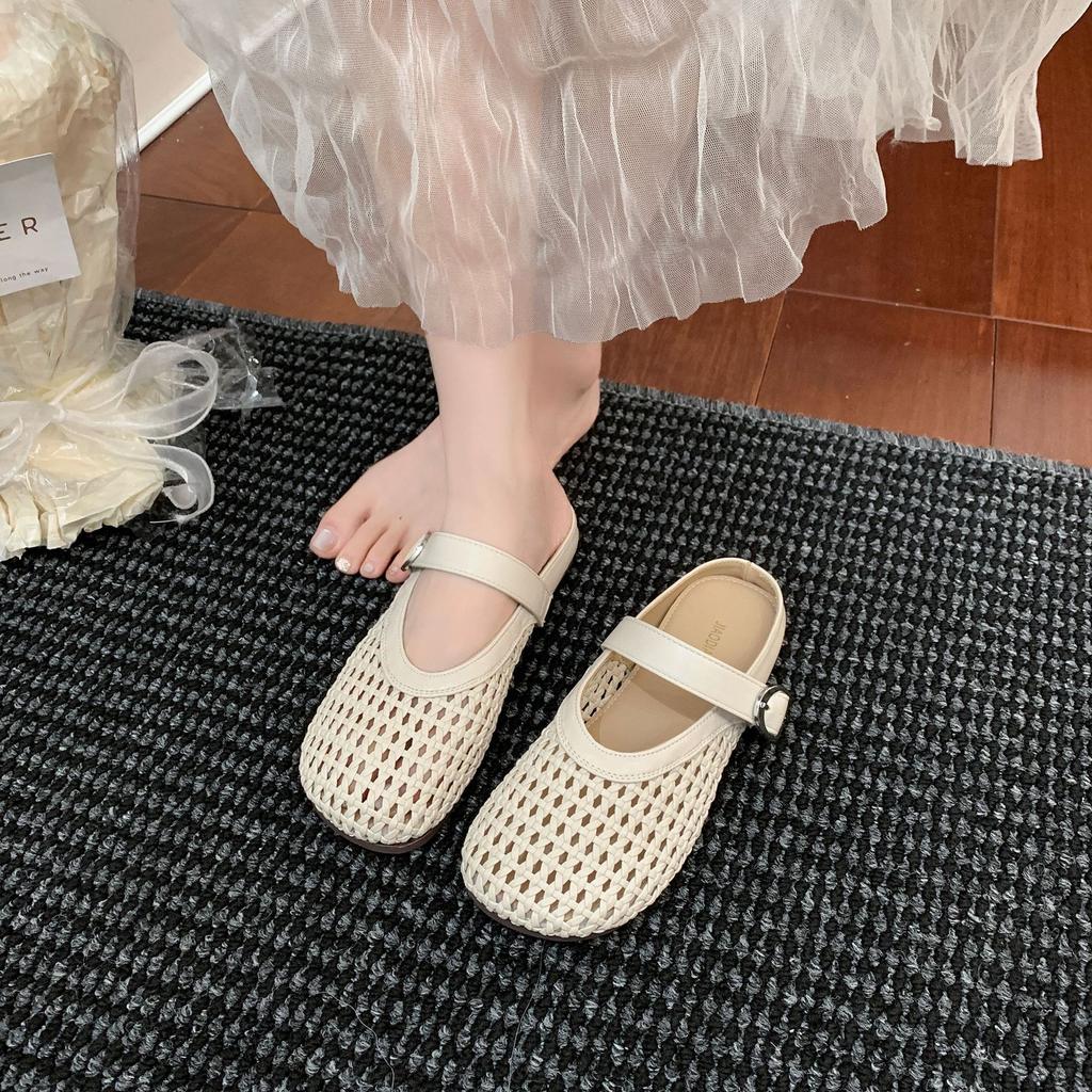 Woven Hollow Bag Head Half Slippers Women's Outer Wear 2025 Spring and Summer Retro Versatile Flat Soft Bottom Lazy Slippers Comfortable