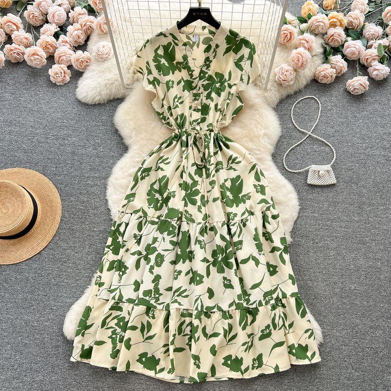 French Sweet Gentle V-neck Floral Chiffon Dress Women's Summer Tight Waist Elegant Slim Looking Vacation Style Fairy Dress