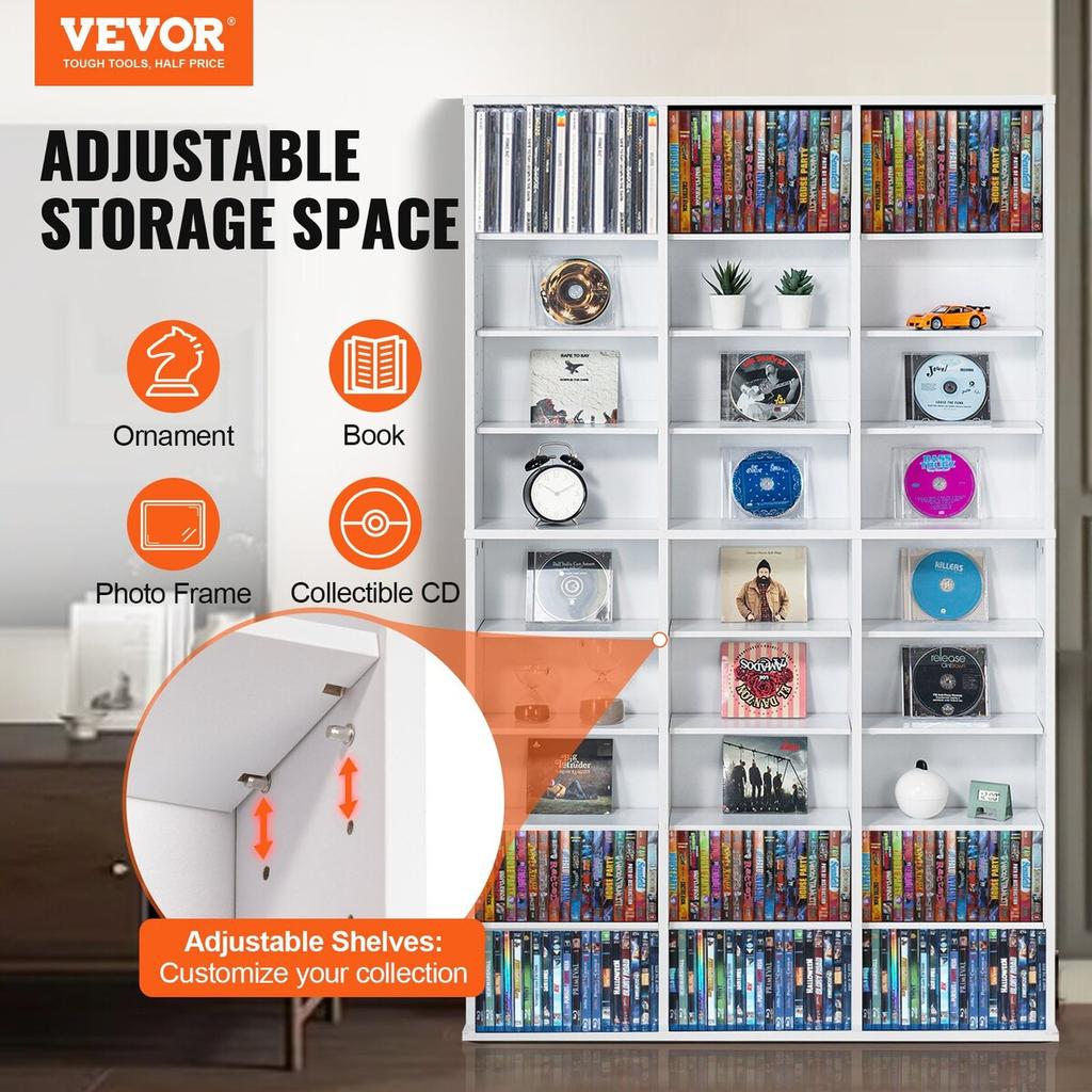 Media Storage Cabinet 9 Layers Adjustable DVD Shelves Holds 756 CDs White