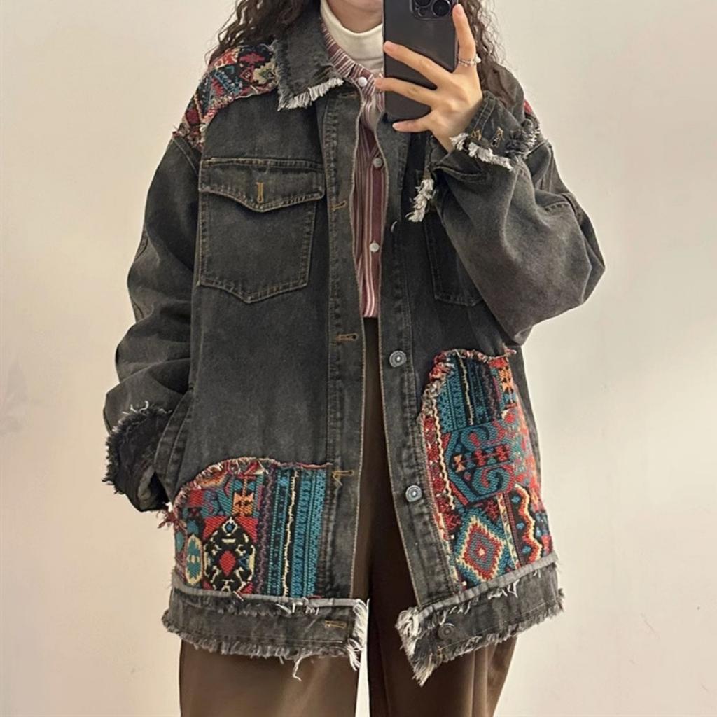 Women's Long-Sleeved Retro Ethnic Vouple Denim Jacket
