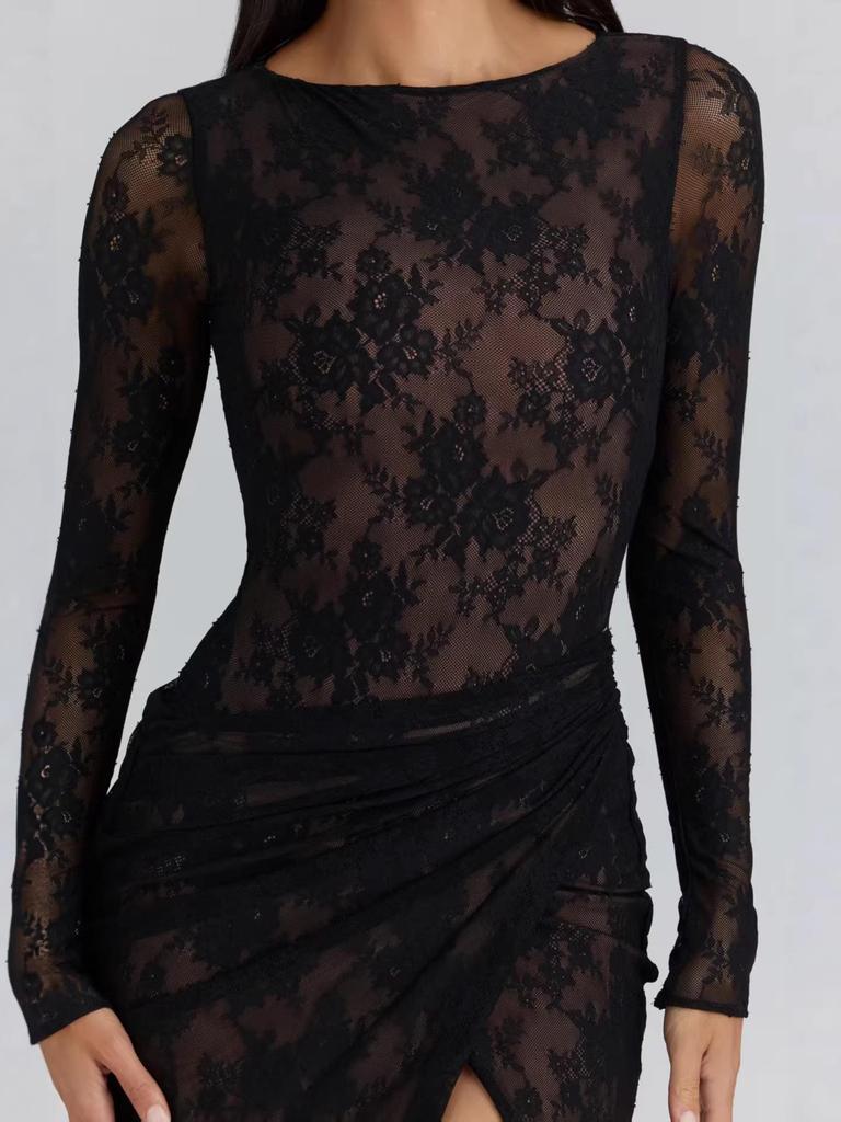 Black Lace Asymmetrical Slit Dress with Embroidery