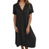 Women's Fashionable Solid Color V Neck Short Sleeved Button Loose Pullover Shirt Dress