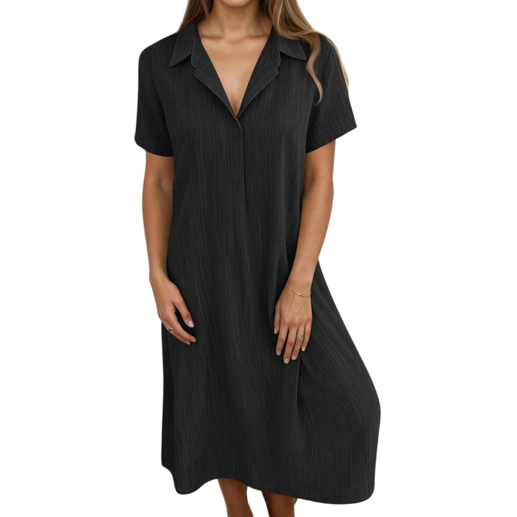 Women's Fashionable Solid Color V Neck Short Sleeved Button Loose Pullover Shirt Dress