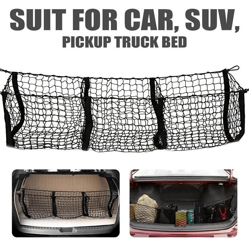 3-Pocket Car Storage Net For Pickup Trucks & SUVs Three-Post Luggage Net for Trunk Ideal Organizer for Luggage & Accessories New