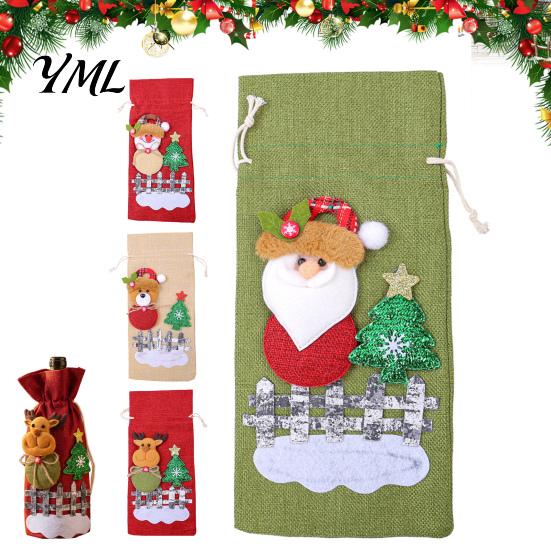 Decorative Wine Bottle Holders Christmas Cover, Santa Claus/Snowman/Elk/Bear Gift Bag with Sticker Decals, Holiday Winter Home Accents Party