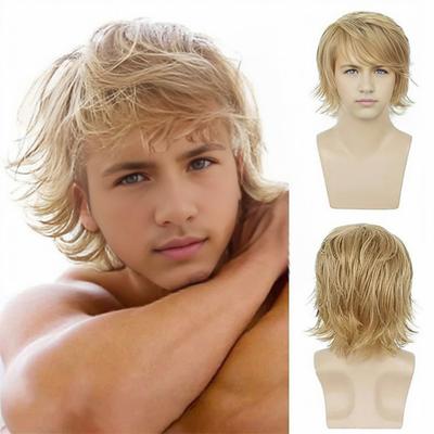 Parrucca corta da uomo riccia con frangia Vintage soffice dall'aspetto naturale Fibra ad alta temperatura Capelli sintetici neri biondi ondulati maschili