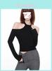 Minimalist Solid Color One Shoulder Crop Top With Spliced Long Sleeves For Casual Wear