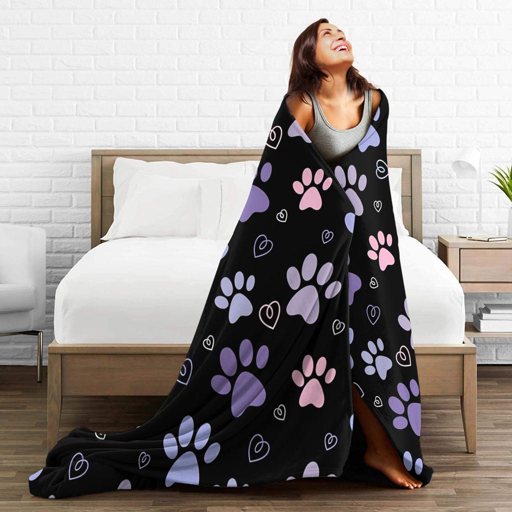 Dog Paw Print and Bone Flannel Blankets Autumn Warm Soft Throw Blanket for Children Bedroom Funny Bedspread Sofa Bed Cover