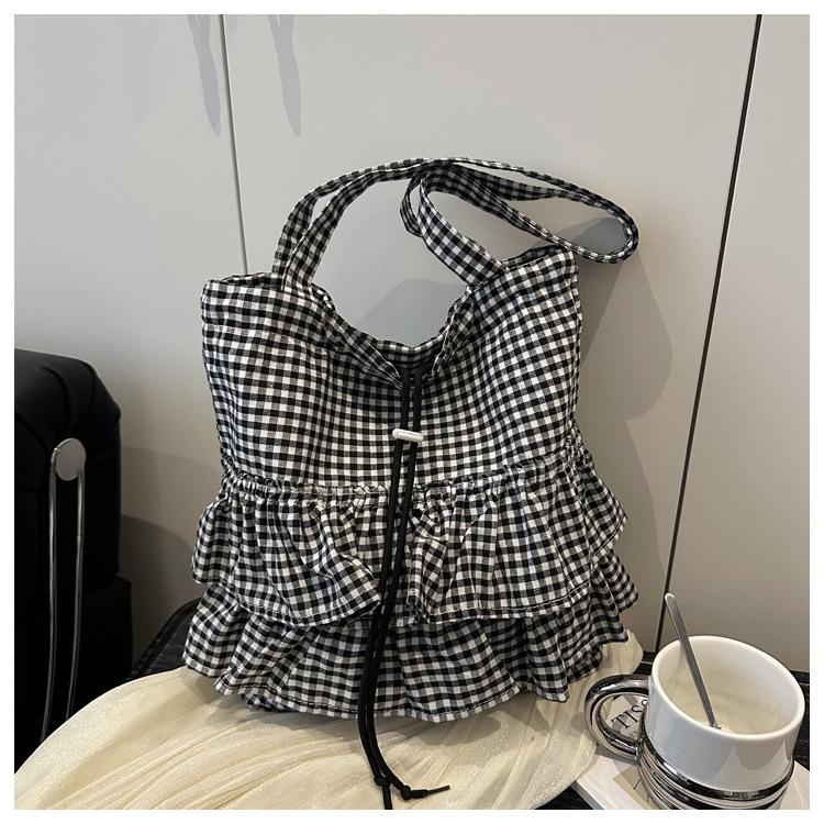 Sevimli Ekose Pamuklu Tote Çanta Büyük Kapasiteli Fırfırlı El Çantası Büyük Kapasiteli Omuz Çantaları Kadınlar İçin Tatlı İşe Gidiş Çantası Hediye