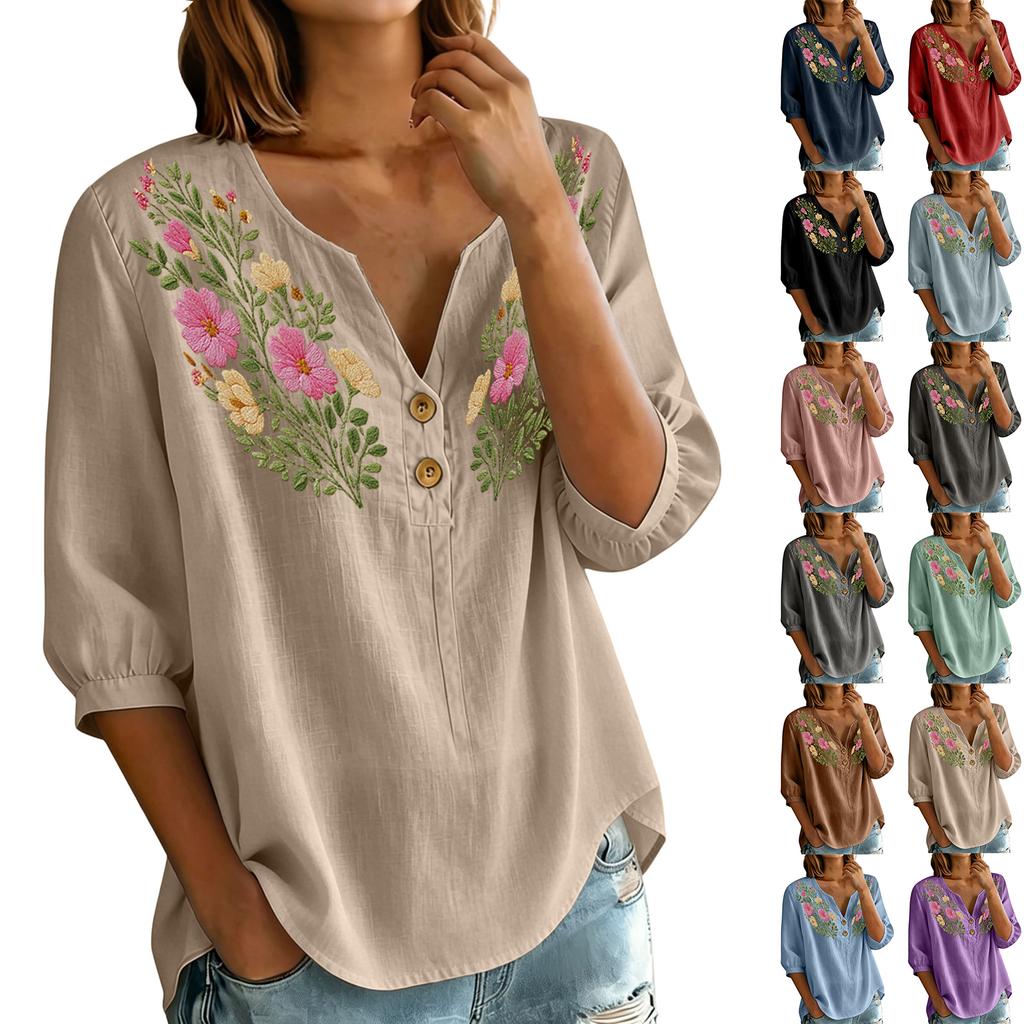 Women Floral Pattern Henley Button Neck Shirt Three Quarter Sleeve Casual Cotton Linen Blouse Lightweight Breathable Top