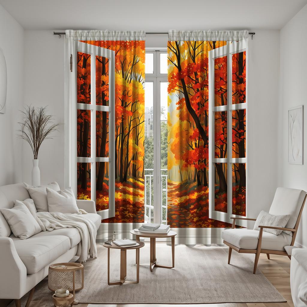 2 Pieces of HD Decorative Curtain Window Autumn Maple Leaf Yellow Tie Digital Printed Curtain Home Decoration Style Decorate Liv