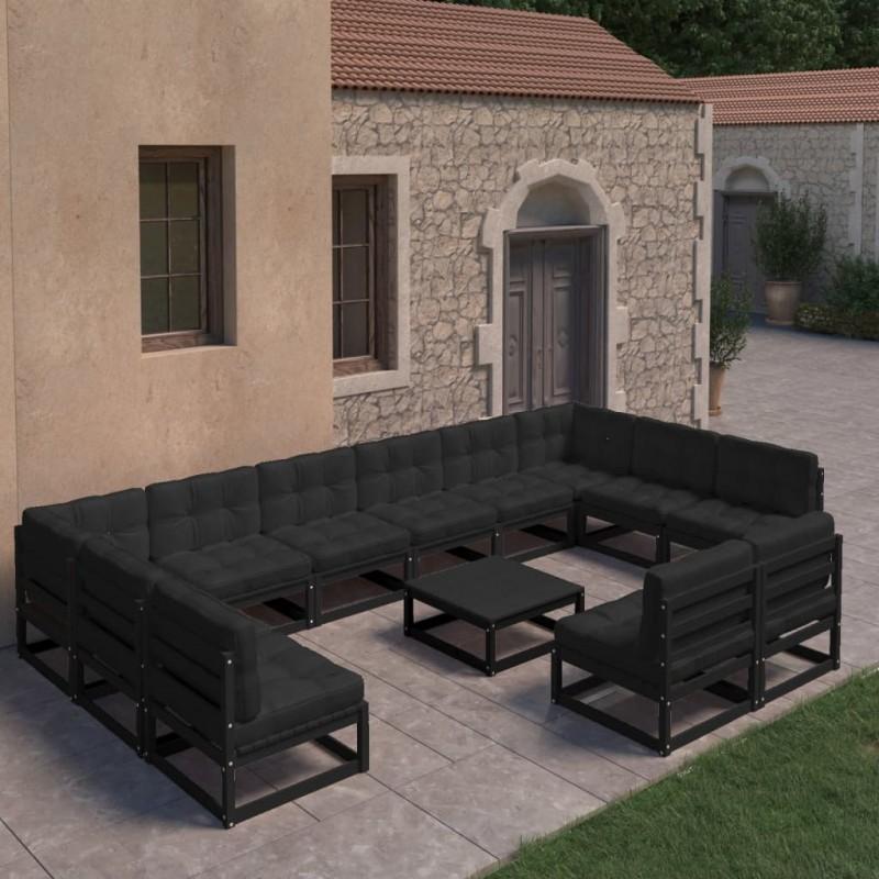 Día y Noche - Día y Noche Set de muebles de jardín 13 pzas con cojines madera pino negro