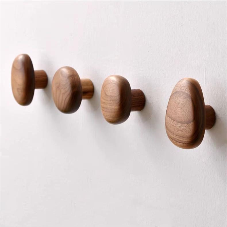 Scandinavian Solid Wood Handle Clothes Hook Coat Hook Wall-mounted Hook Punch-free Door Clothes Hanger Pebble Shape Cabinet Door