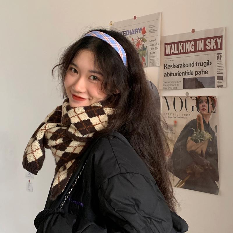 Knitted Plaid Scarf Female Autumn and Winter Versatile Student Cute Girl Warm Thickened Wool Scarf Male Tide