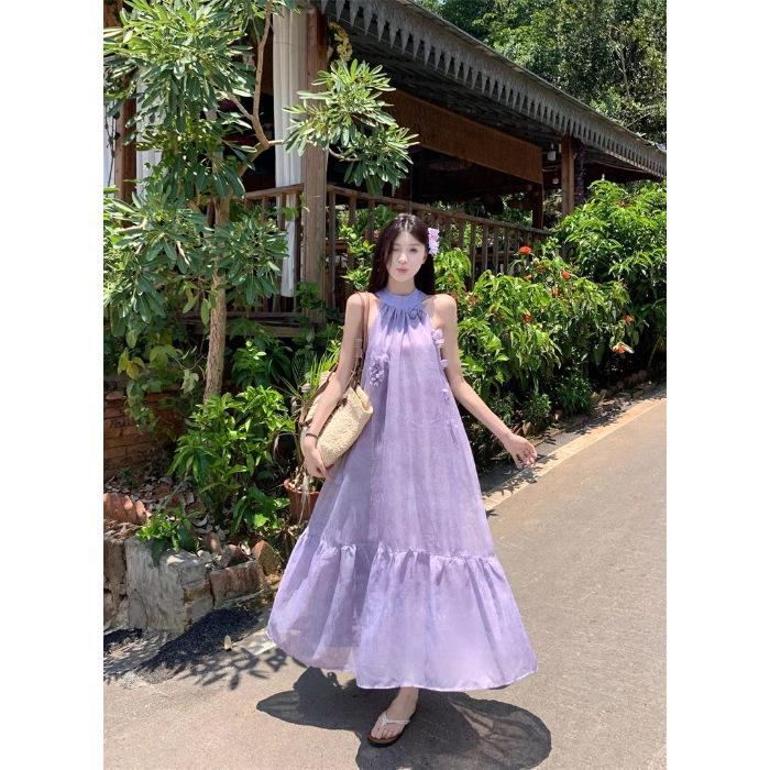 French Purple Sleeveless Neck-hanging Dress for Women's New Summer Atmosphere, Wear a Beautiful Small Skirt